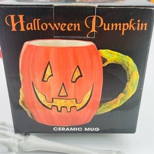 Spooky Pumpkin Ceramic Mug with Green Handle